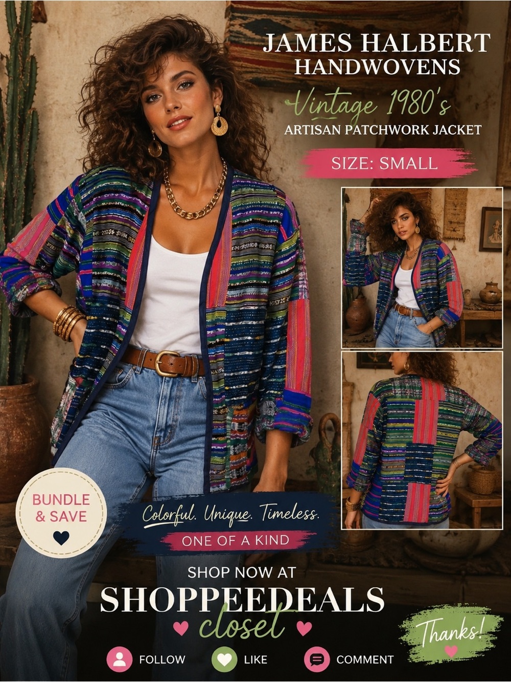 Vintage 1980’s James Halbert Handwovens Patchwork Open Front Jacket/Cardigan